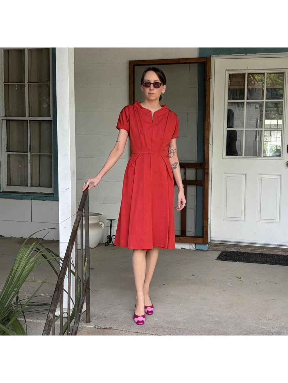 Red Midi Dress Vintage 1960s Dress OOAK Handmade